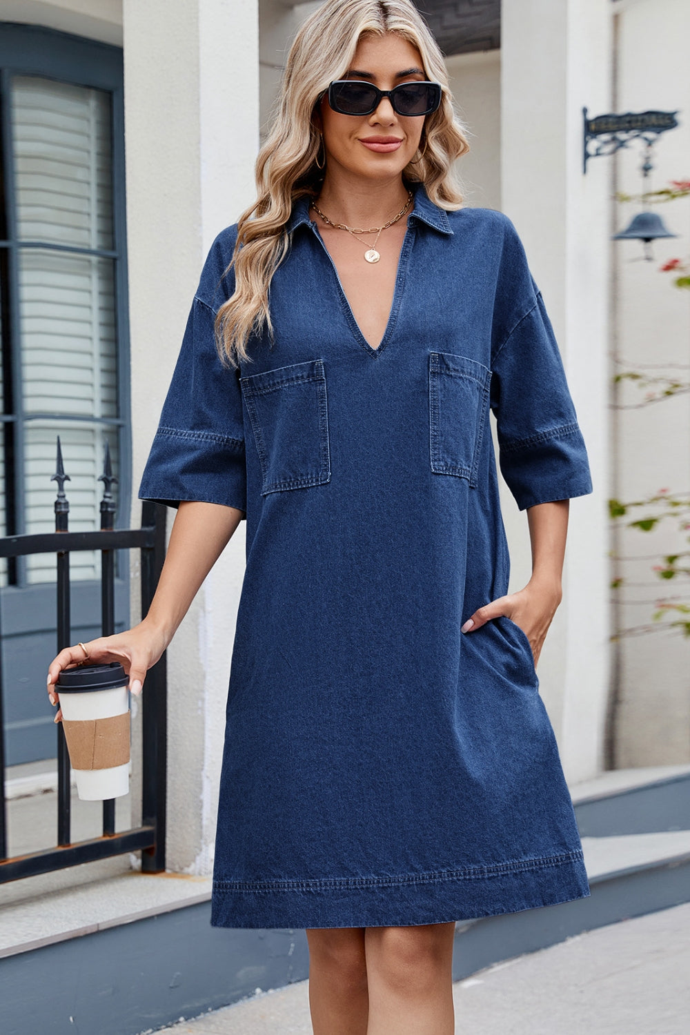 Aura Stylo - Johnny Collar Half Sleeve Denim Dress