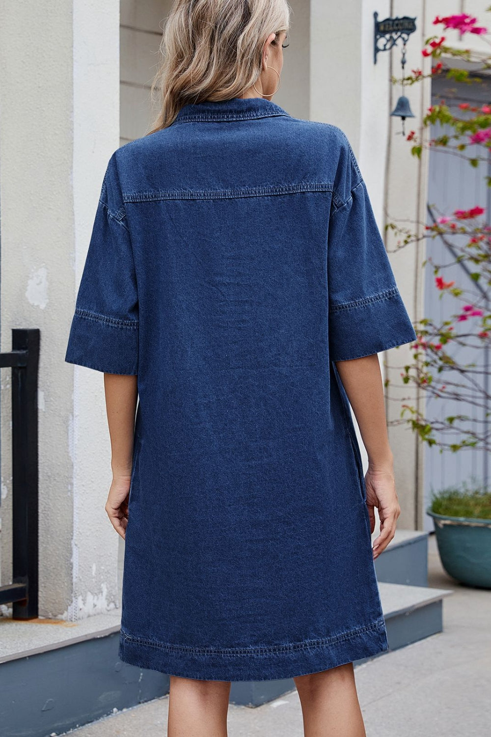 Aura Stylo - Johnny Collar Half Sleeve Denim Dress